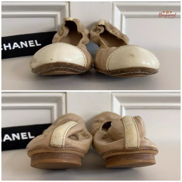 Authentic CHANEL Taupe Leather White Patent Leather Cap Toe Ballet Flats 7.5 - Picture 5 of 14